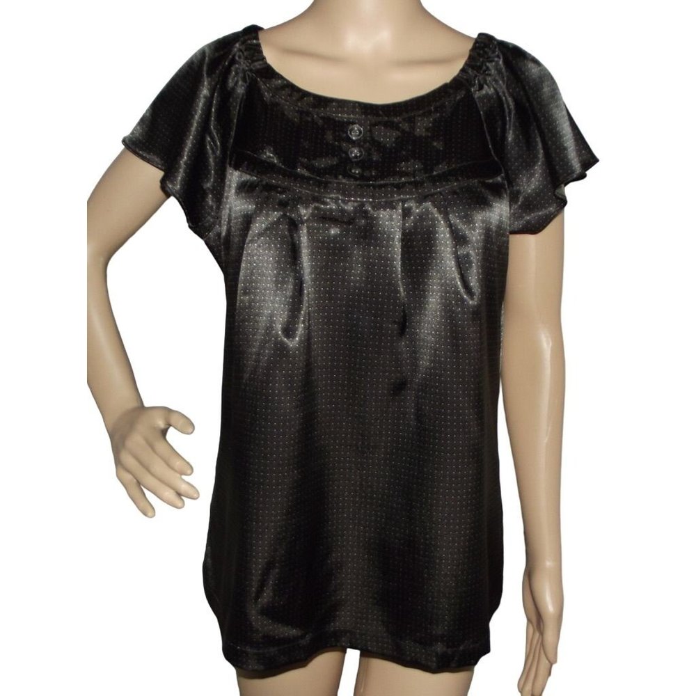 Apt 9 Large Blouse dark brown silky satin white polkadot short sleeve shirt top